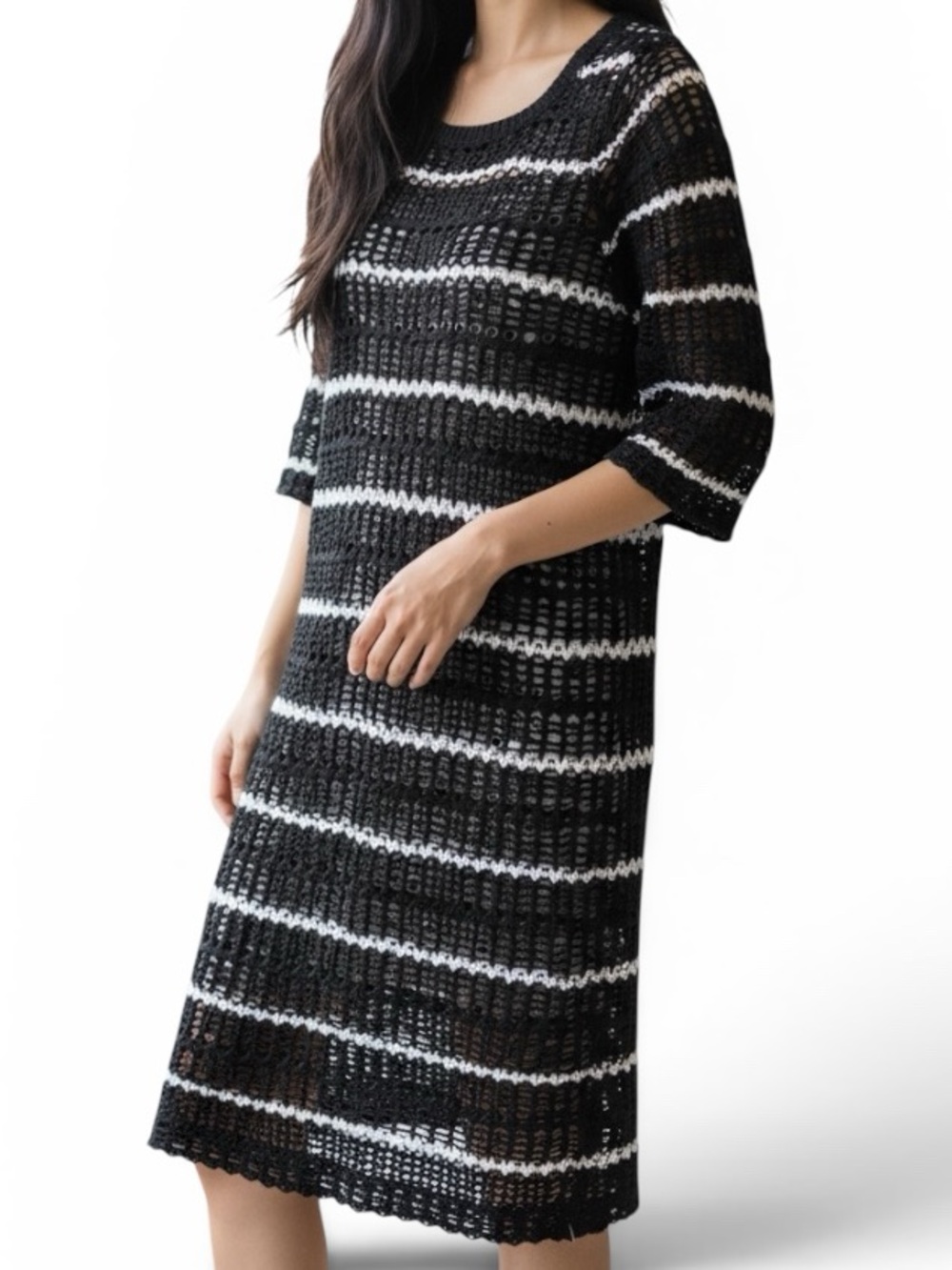 Black and White Striped Crochet Midi Dress